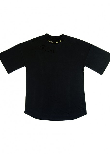 Neck-Back oversize sleeve T-shirt black with yellow silkscreen