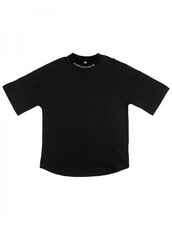 Neck-Back oversize black sleeve T-shirt  - White logo (front/back)