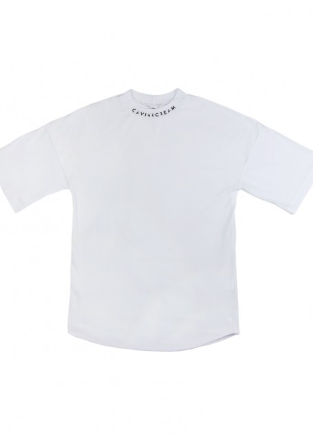 Neck-Back oversize sleeve T-shirt white with black silkscreen (front/back)