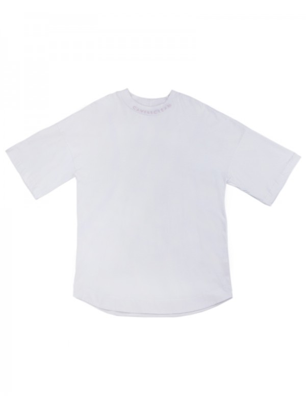 Neck-Back oversize sleeve T-shirt white with pink silkscreen (front/back)